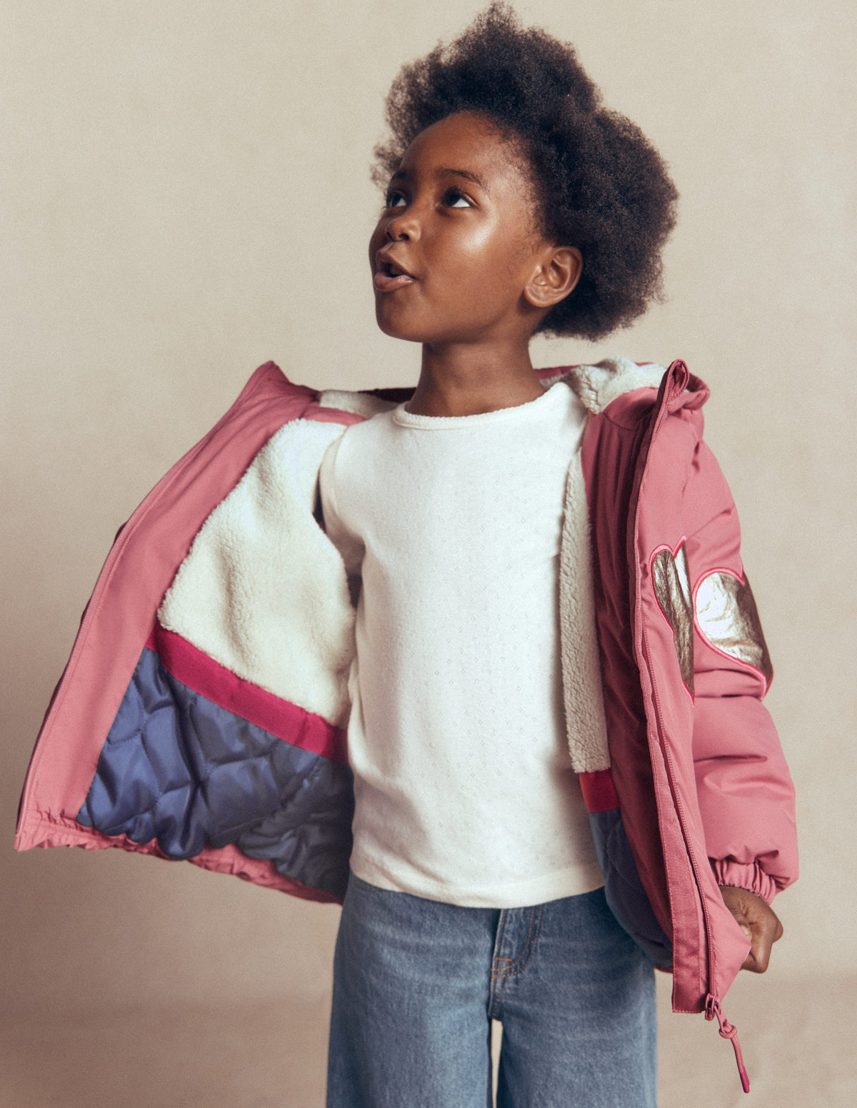 Fun Padded Coat-Pink Applique Metallic Hearts-3