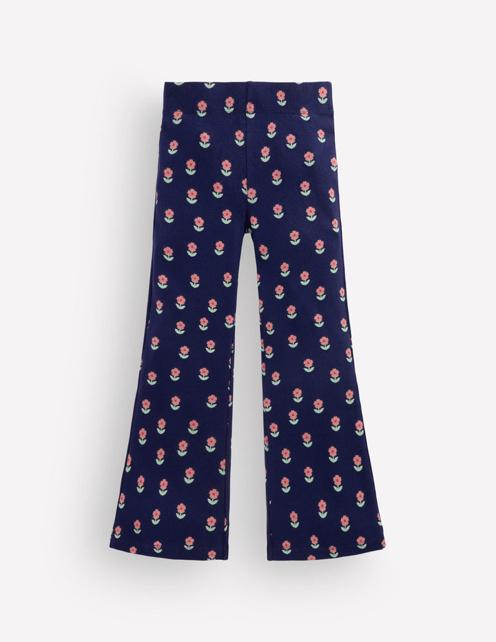 Ribbed Flared Leggings-Navy Spaced Flower