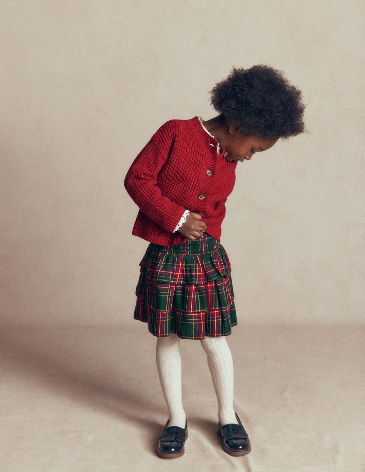 Smocked Waist Ruffle Skirt-Green Check-2