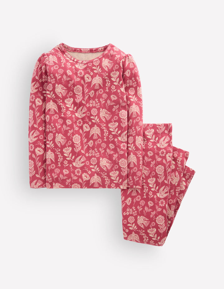 Snug Long John Pajamas-Bird Floral