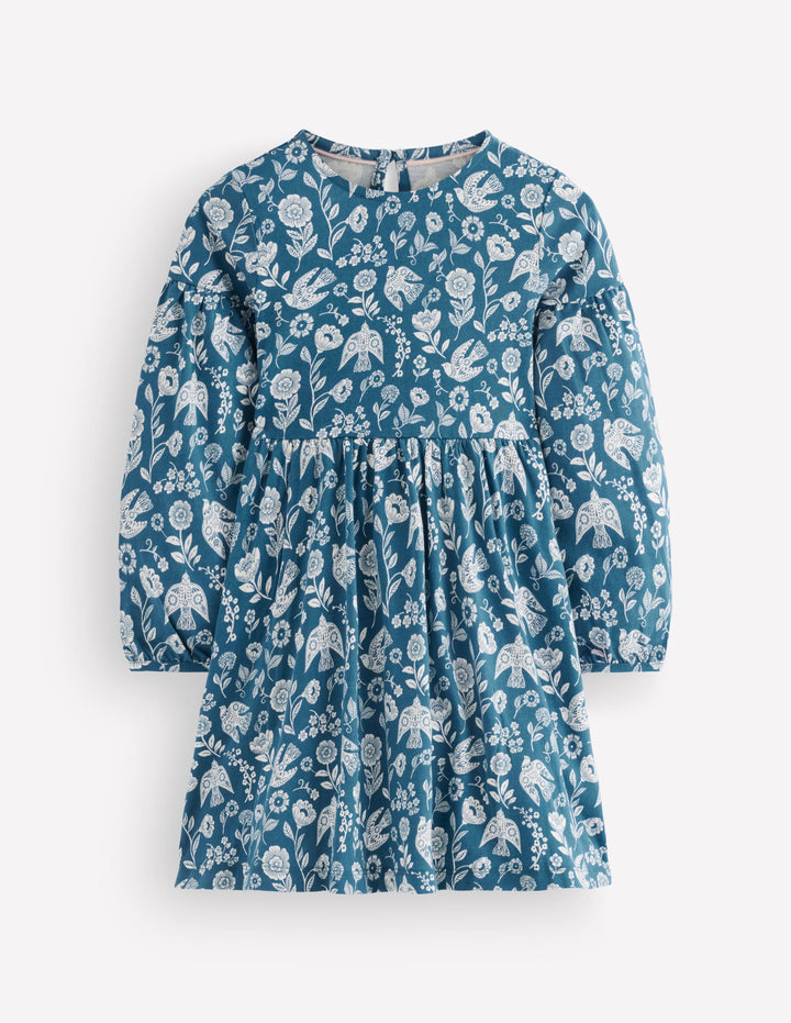 Madeline Blouson Sleeve Dress-Sapphire Blue Floral Bird