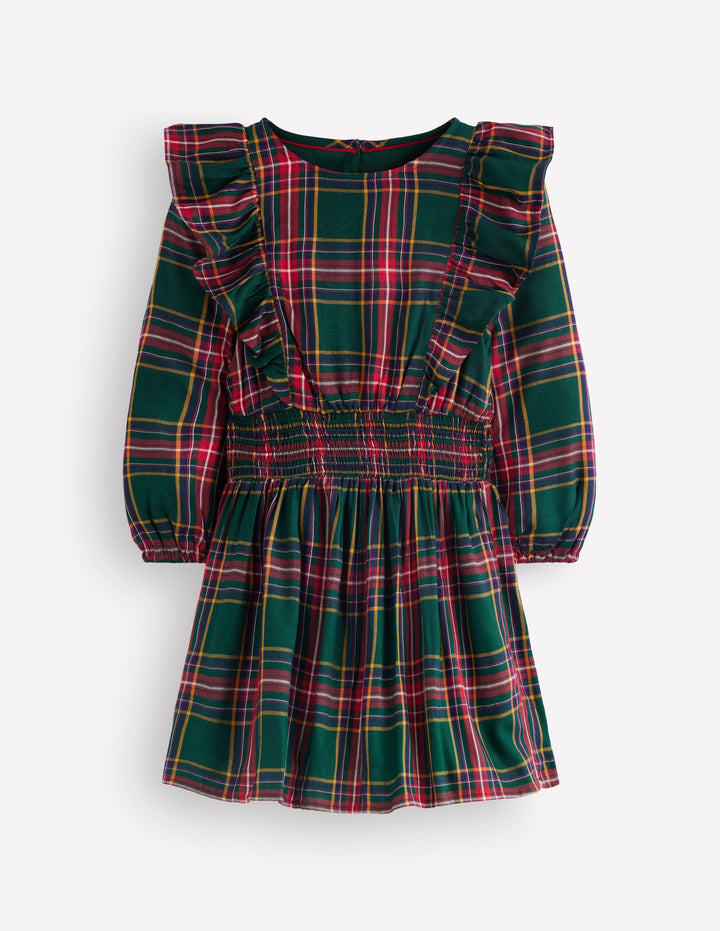 Shirred Drop Waist Dress-Green/ Red Check