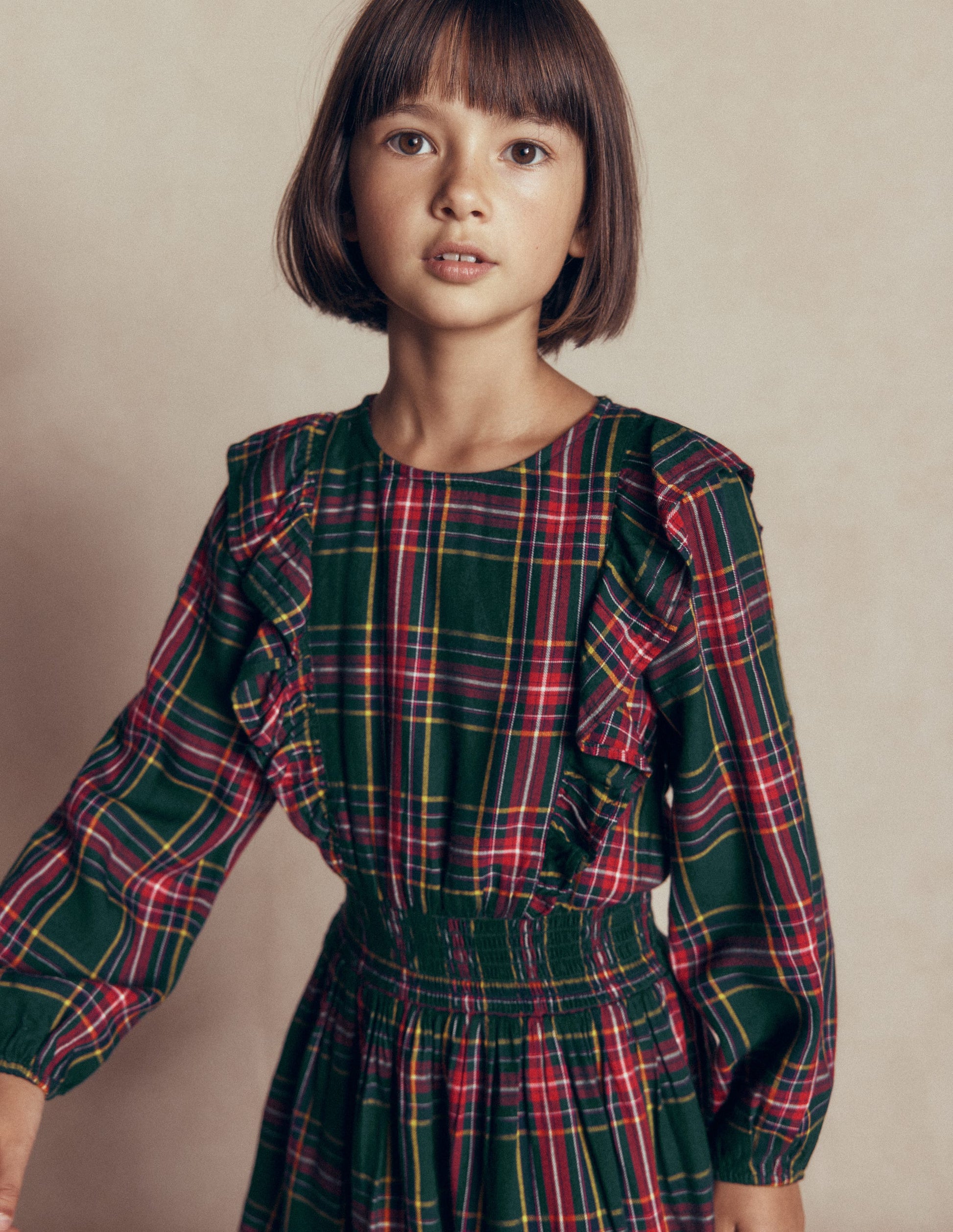 Shirred Drop Waist Dress-Green/ Red Check-3