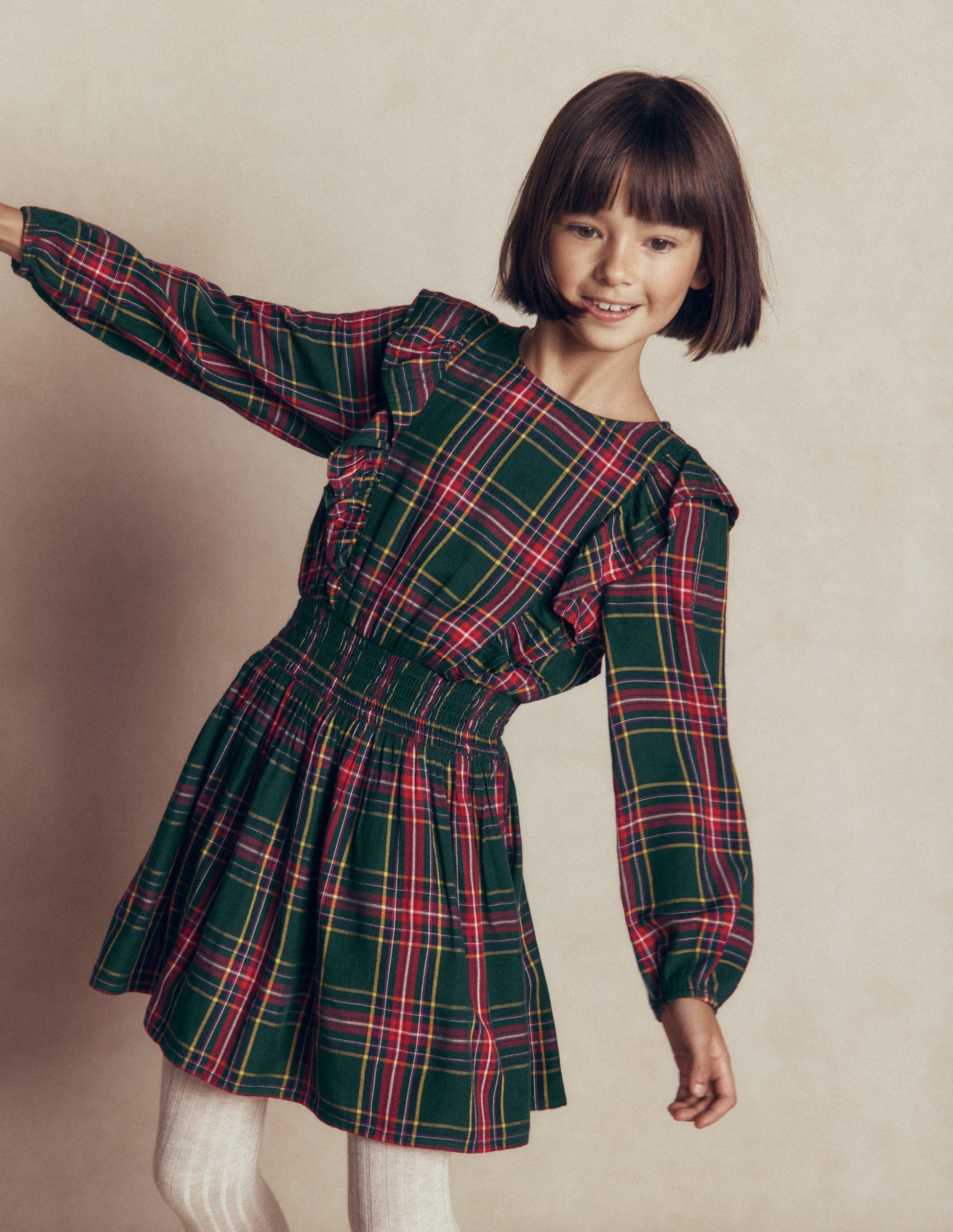 Shirred Drop Waist Dress-Green/ Red Check-5