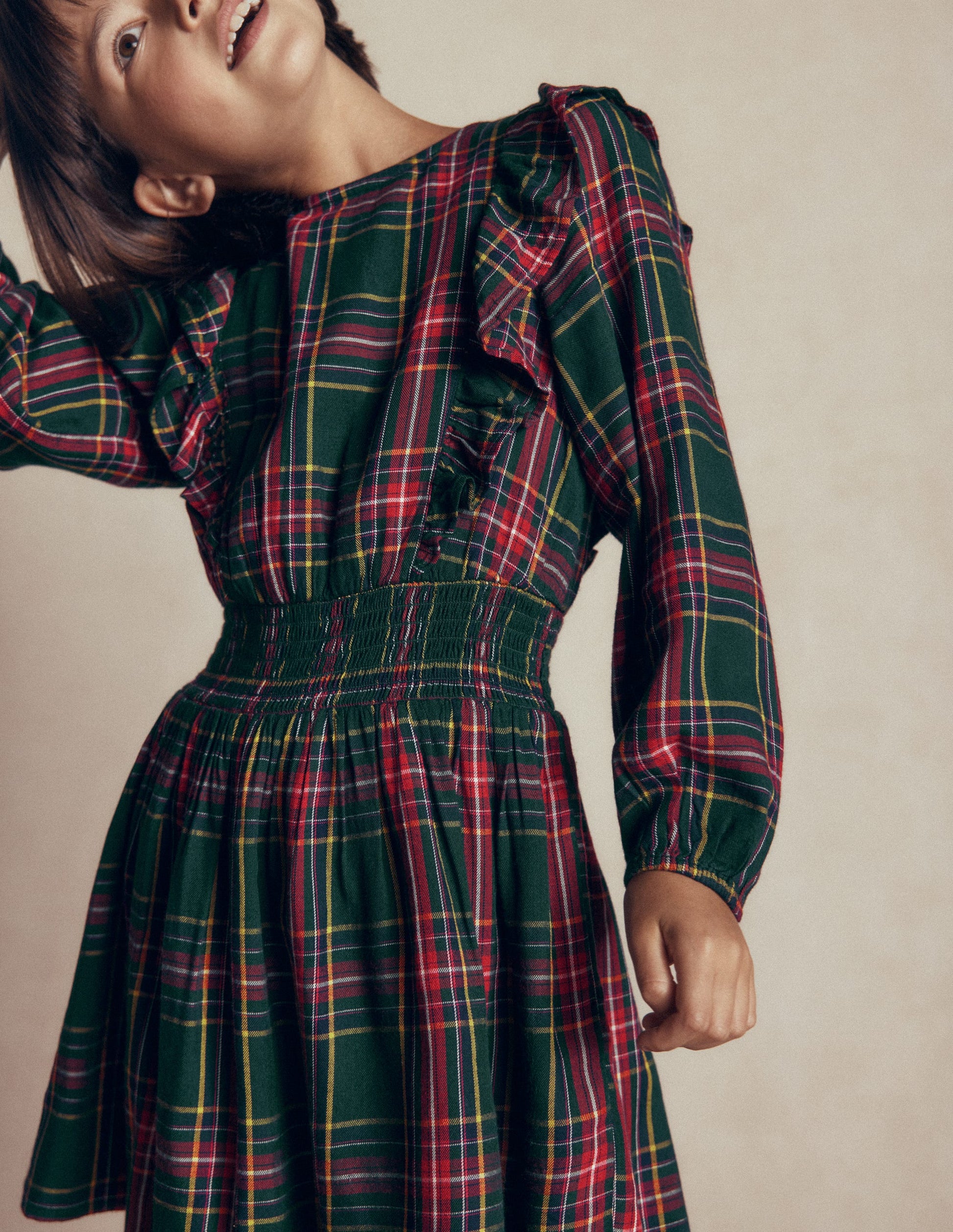Shirred Drop Waist Dress-Green/ Red Check-6
