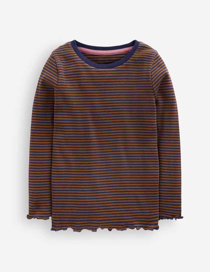 Ribbed Long Sleeve T-Shirt-Navy/ Camel Stripe