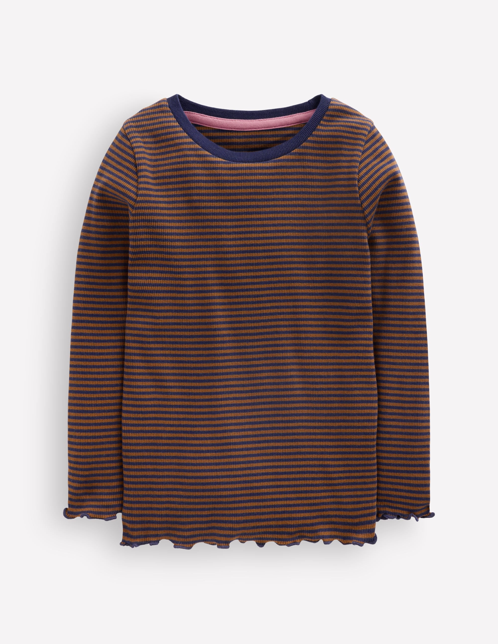 Ribbed Long Sleeve T-Shirt-Navy/ Camel Stripe - Image 1