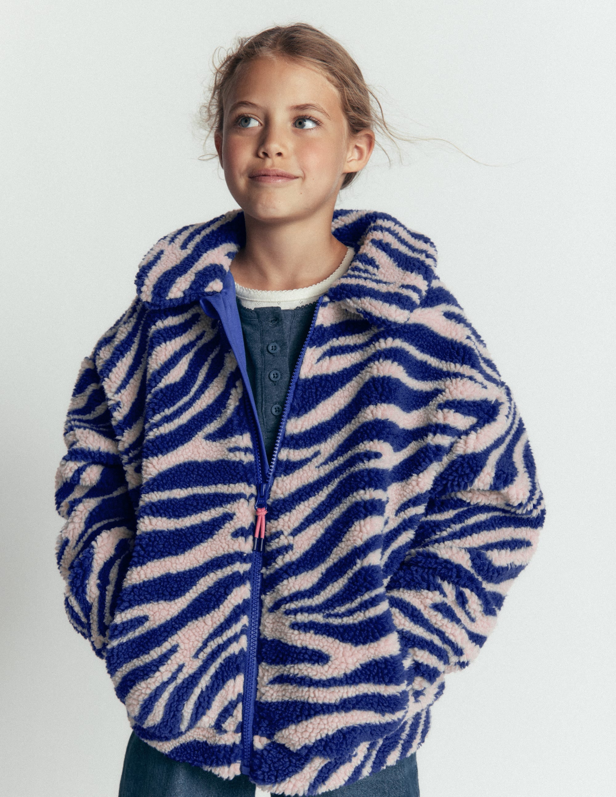 Collared Borg Jacket - Zebra Borg and Navy | Boden USA
