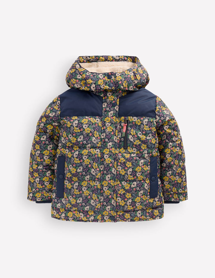Borg Lined Puffer Coat-French Navy Mixed Flowerbed