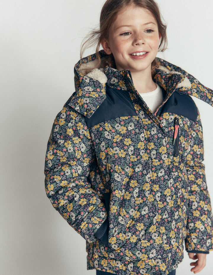 Borg Lined Puffer Coat-French Navy Mixed Flowerbed