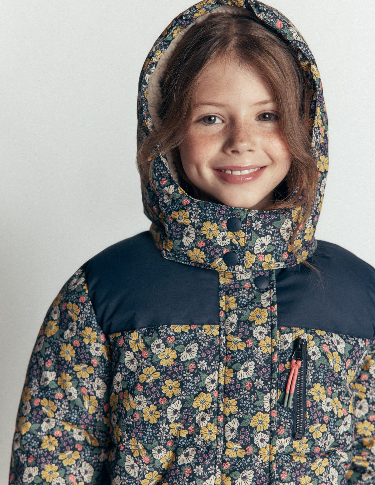 Borg Lined Puffer Coat-French Navy Mixed Flowerbed-2
