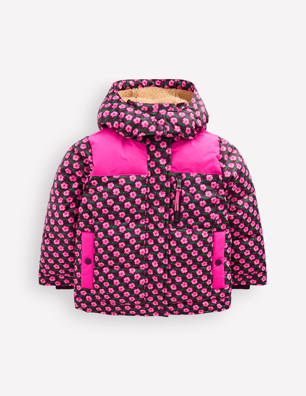 Borg Lined Puffer Coat-Pink Pansy Flower - Image 1
