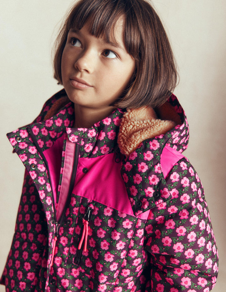Borg Lined Puffer Coat-Pink Pansy Flower