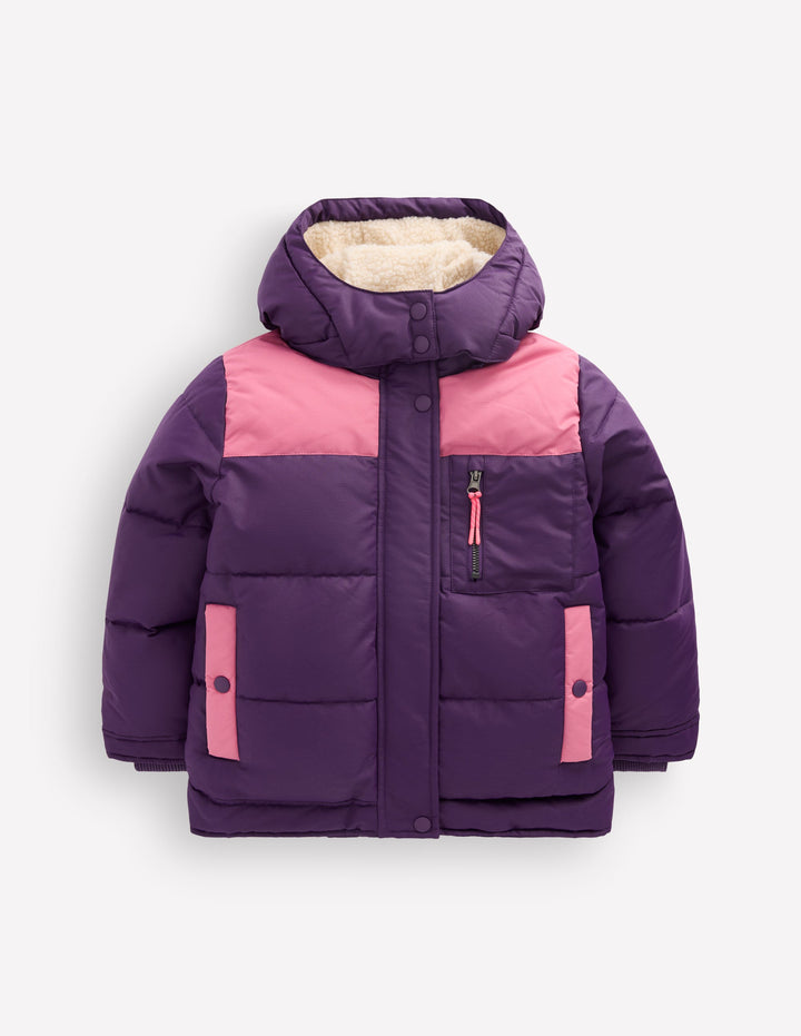 Borg Lined Puffer Coat-Calla Lilly Purple Colourblock