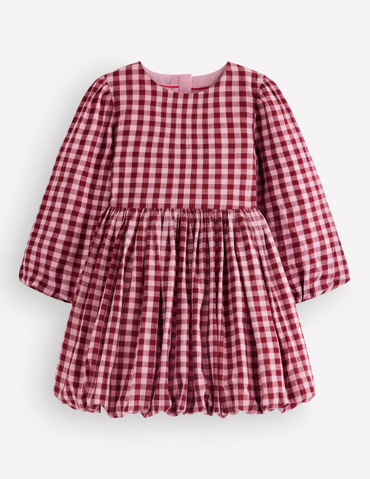 Long Sleeve Bubble Hem Dress-Red Check