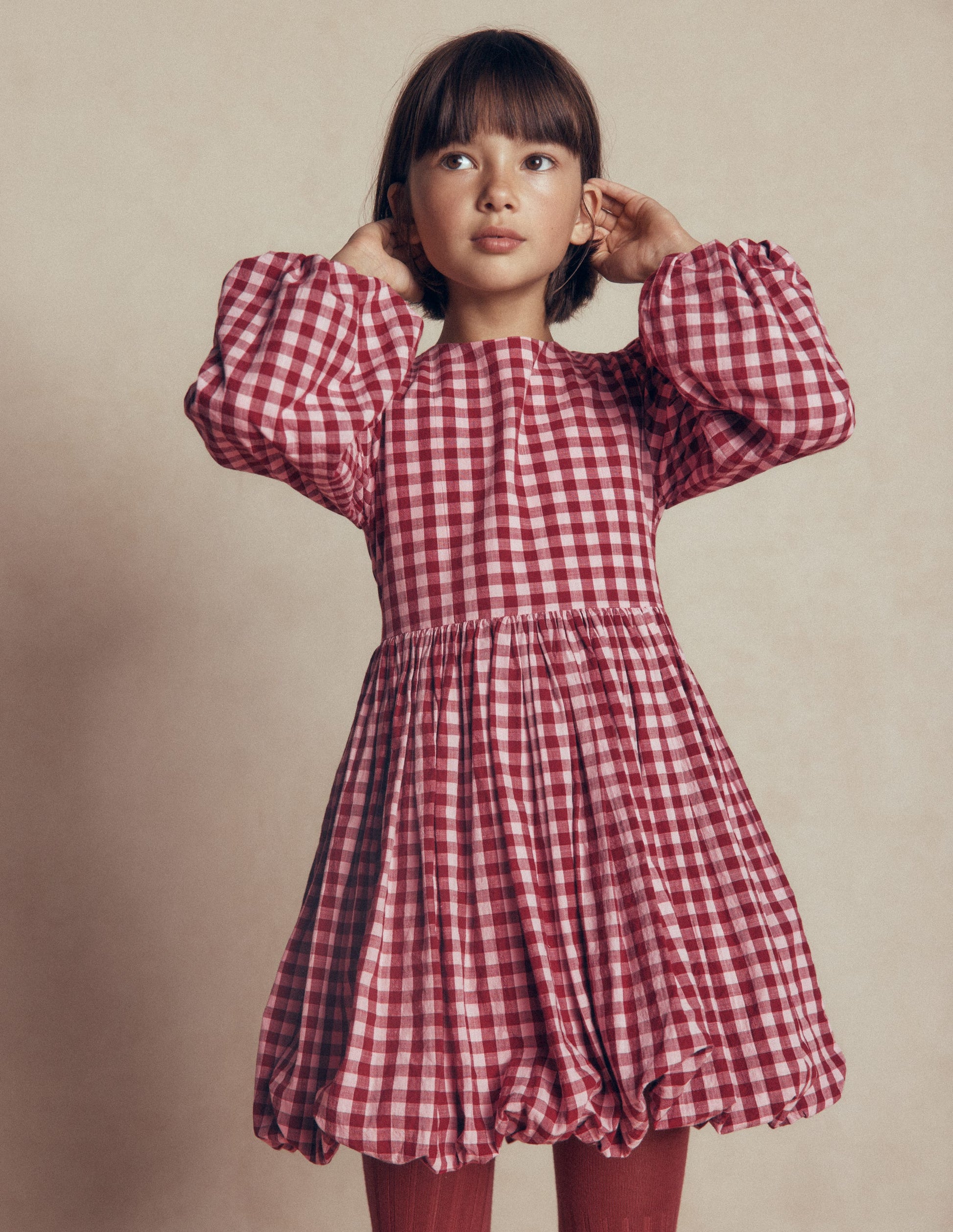 Long Sleeve Bubble Hem Dress-Red Check-2