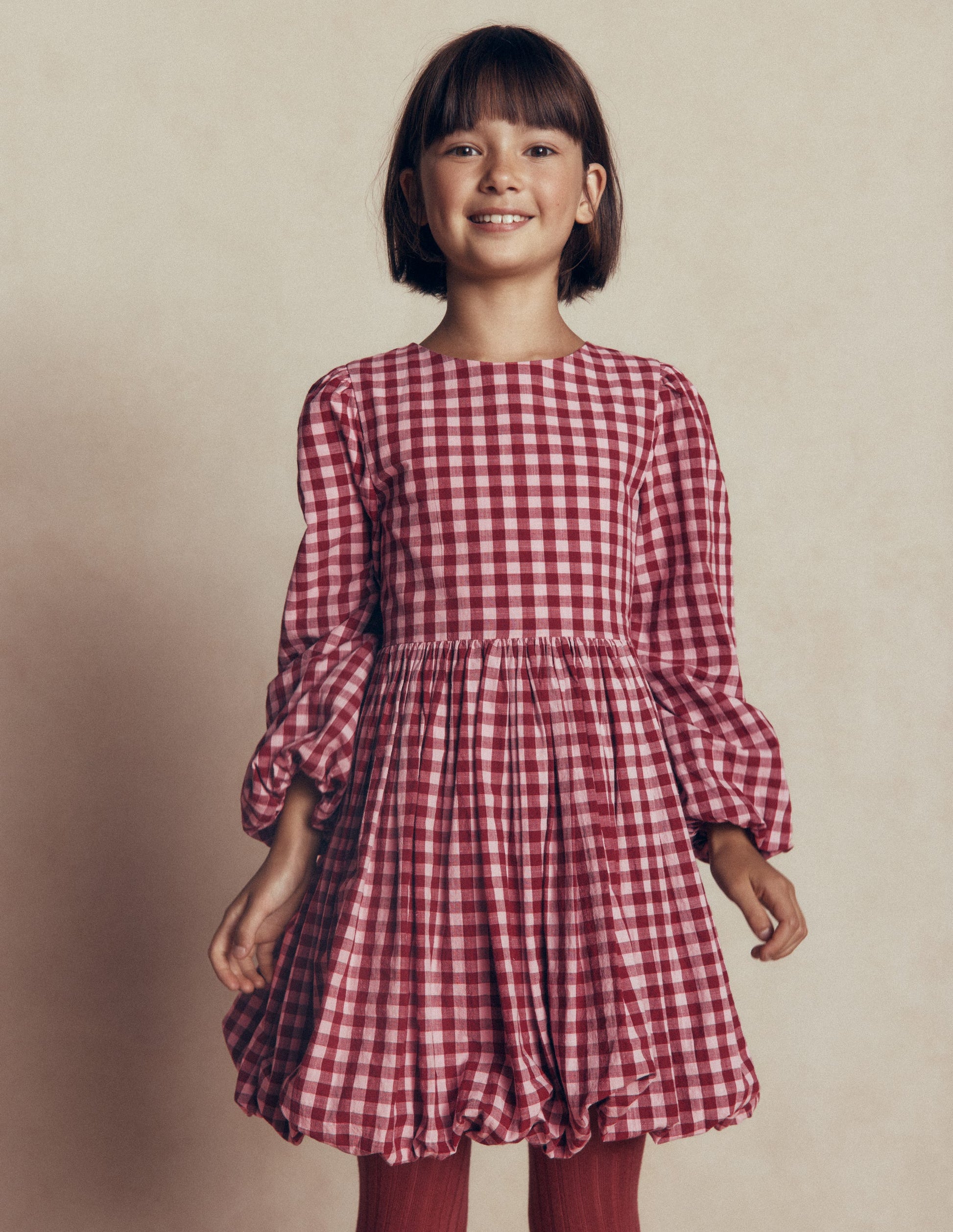 Long Sleeve Bubble Hem Dress-Red Check-3