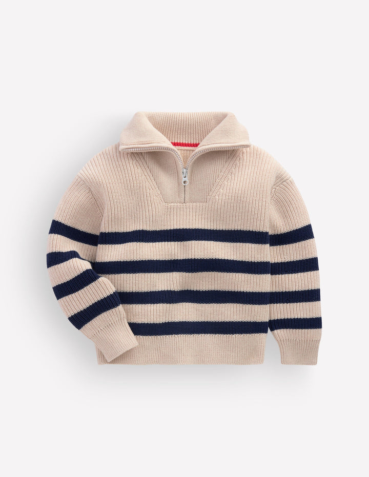 Zip Up Neck Sweater-Ecru Marl / Navy
