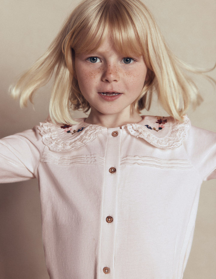 Broderie Collar Jersey Top-Soft Ivory