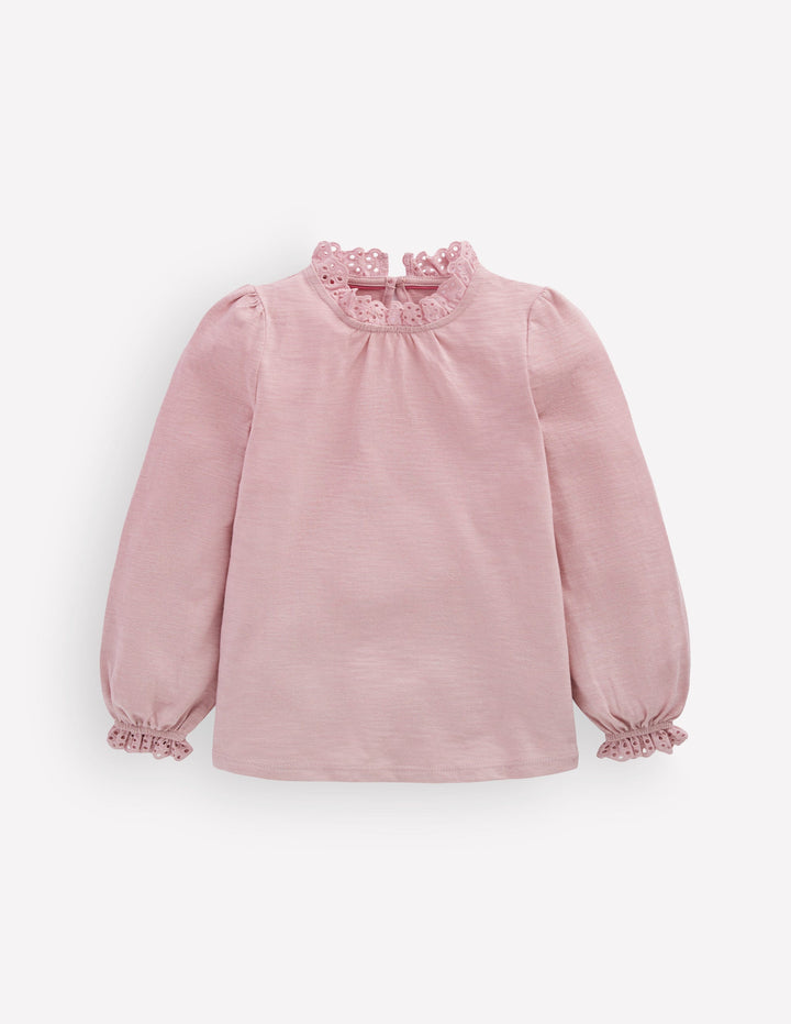 Broderie Trim Slub Top-Pink Violet