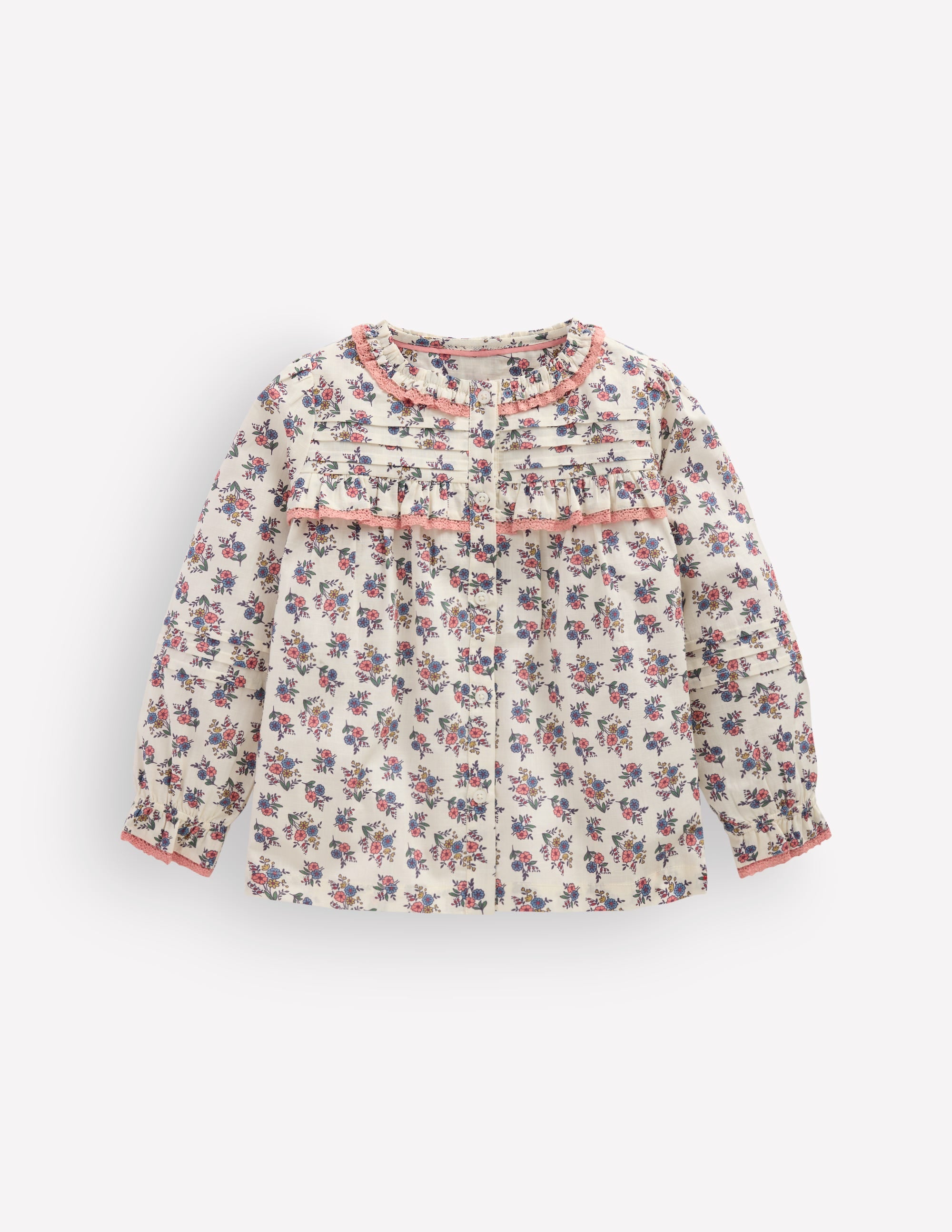 Frill Button Through Top-Soft Cream Floral Trellis - Image 2