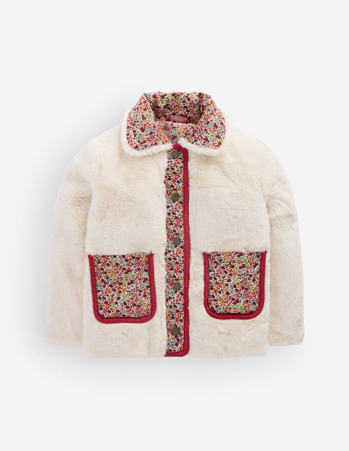 Faux Fur Jacket-Soft Ivory Ditsy Floral
