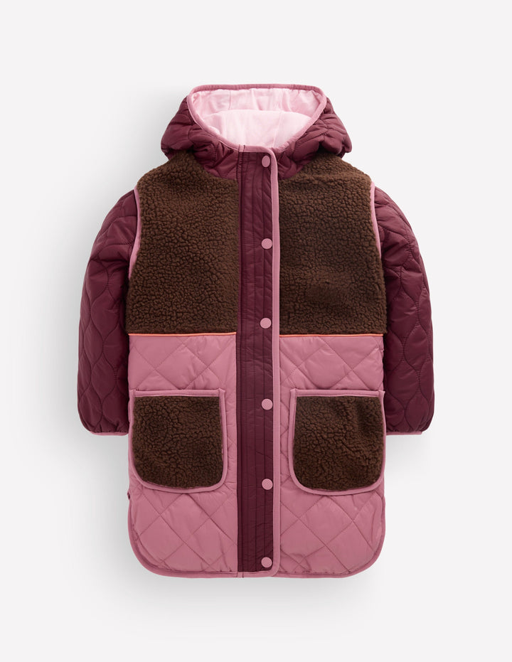 Longline Quilted Jacket-Maroon Banner Multi