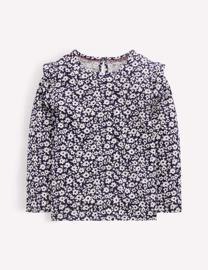 Frill Sleeve Slub Top-Navy Floral