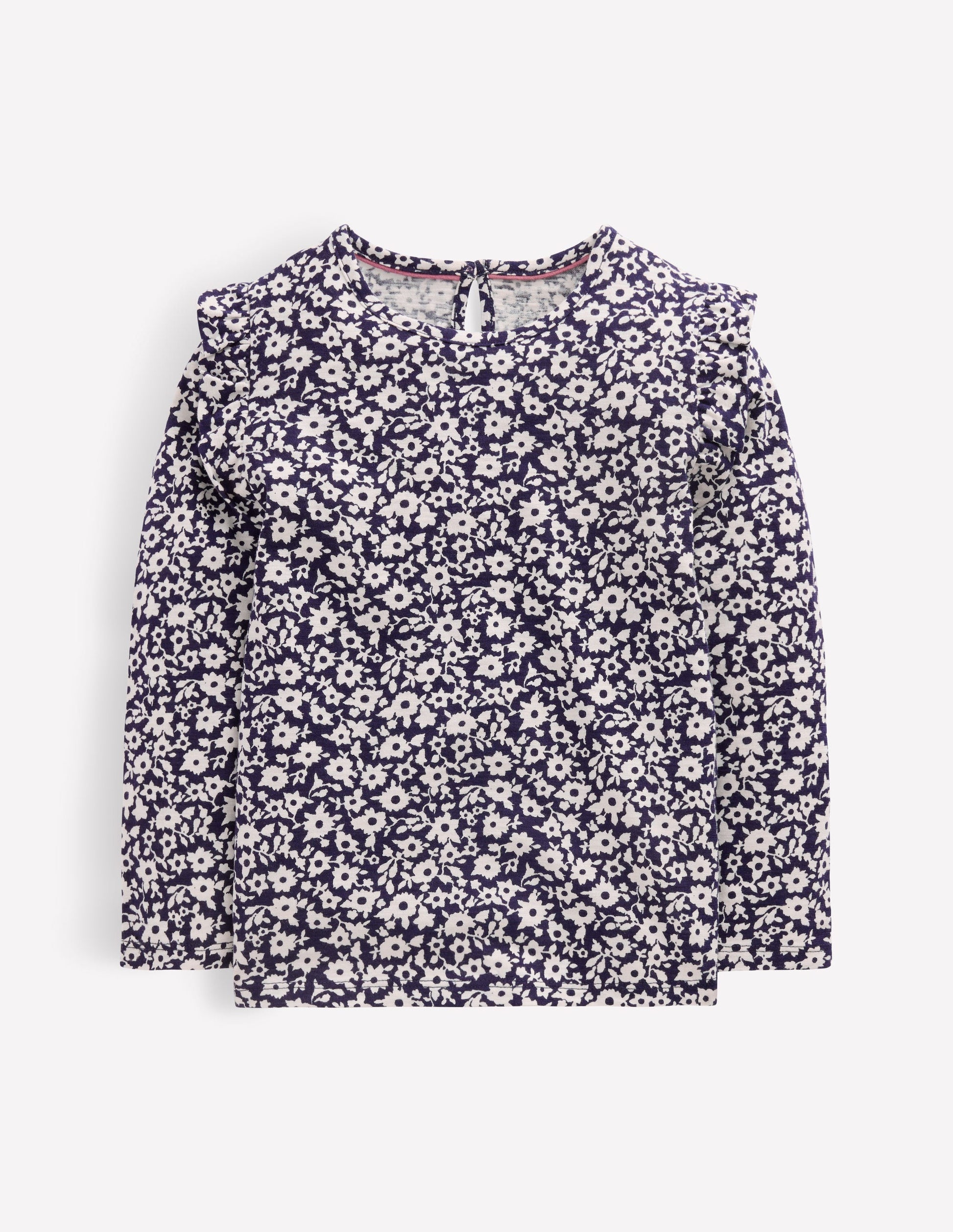 Frill Sleeve Slub Top-Navy Floral-1