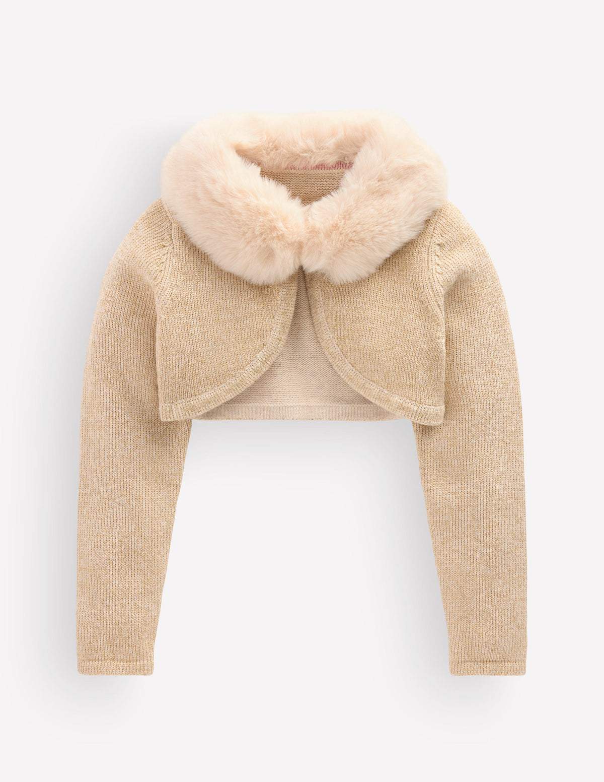Faux Fur Trim Cropped Cardigan-Gold Spakle - Image 1