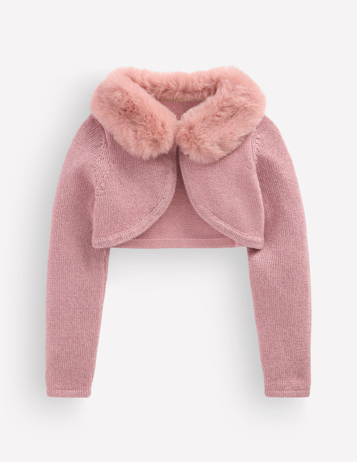 Faux Fur Trim Cropped Cardigan-Rose Sparkle