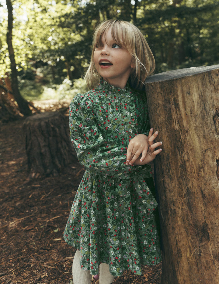 Maude Ruffle Shirt Dress-Green Berry Floral