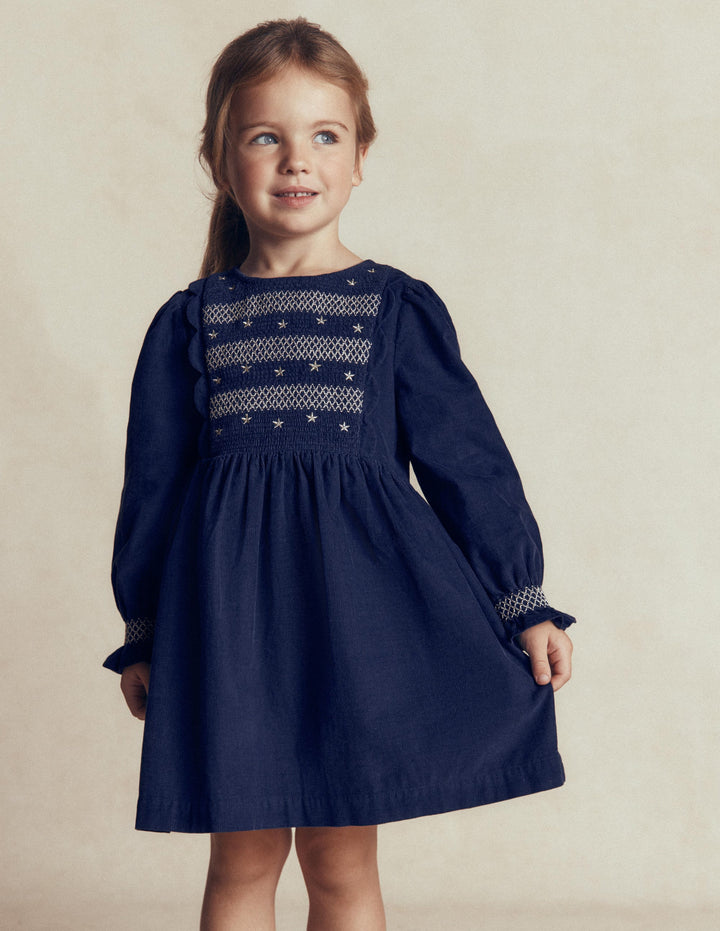 Smocked Corduroy Sparkle Dress-College Navy Stars
