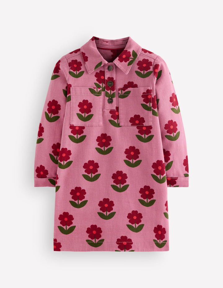 Collared Shirt Dress-Pink Flower Stamp