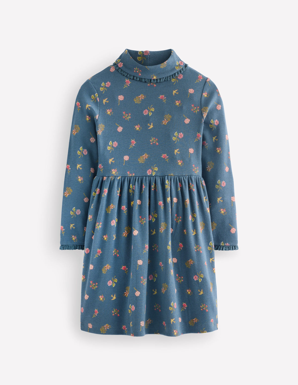 High Neck Ribbed Dress-Blue Floral - Image 1