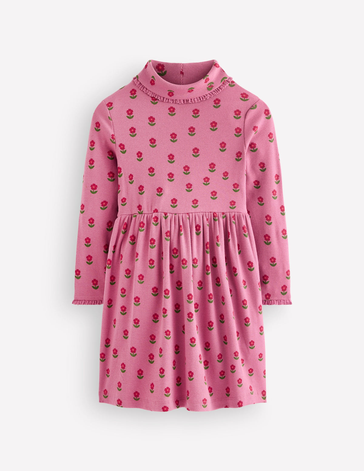 High Neck Ribbed Dress-Pink Flower Stamp-2