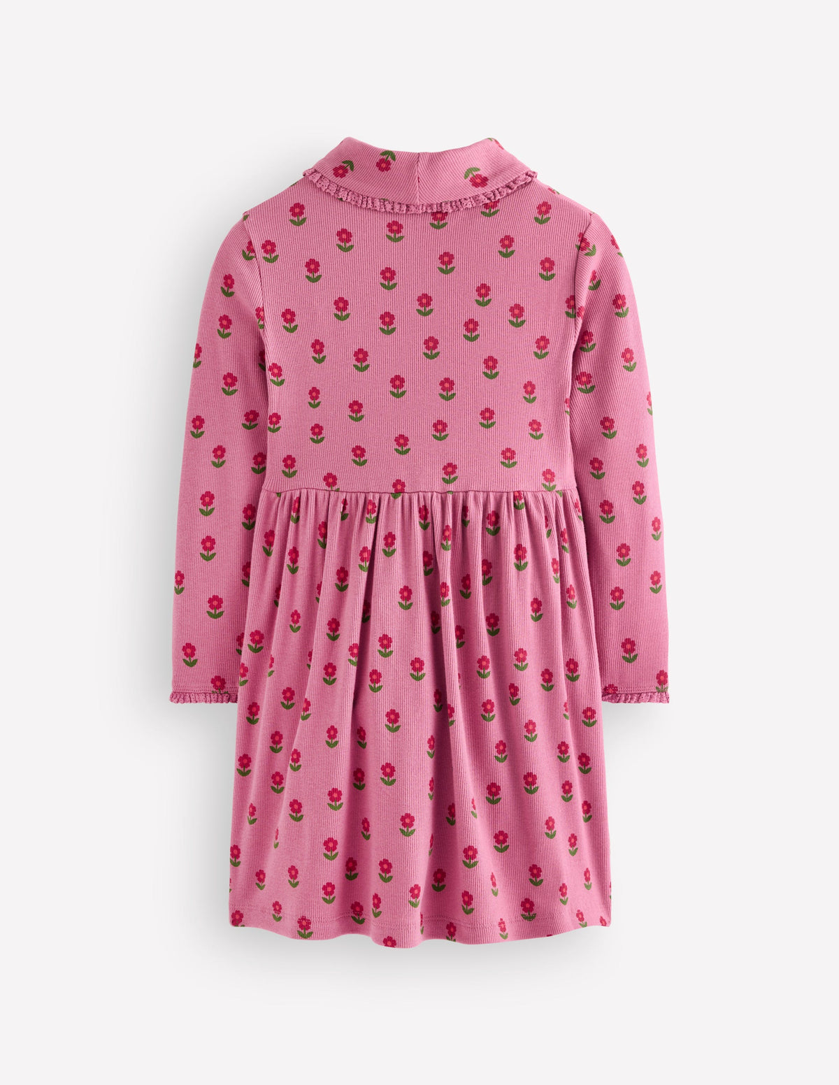 High Neck Ribbed Dress-Pink Flower Stamp-3