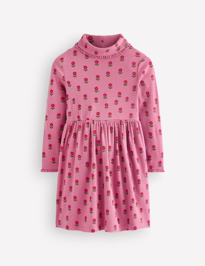 High Neck Ribbed Dress-Pink Flower Stamp