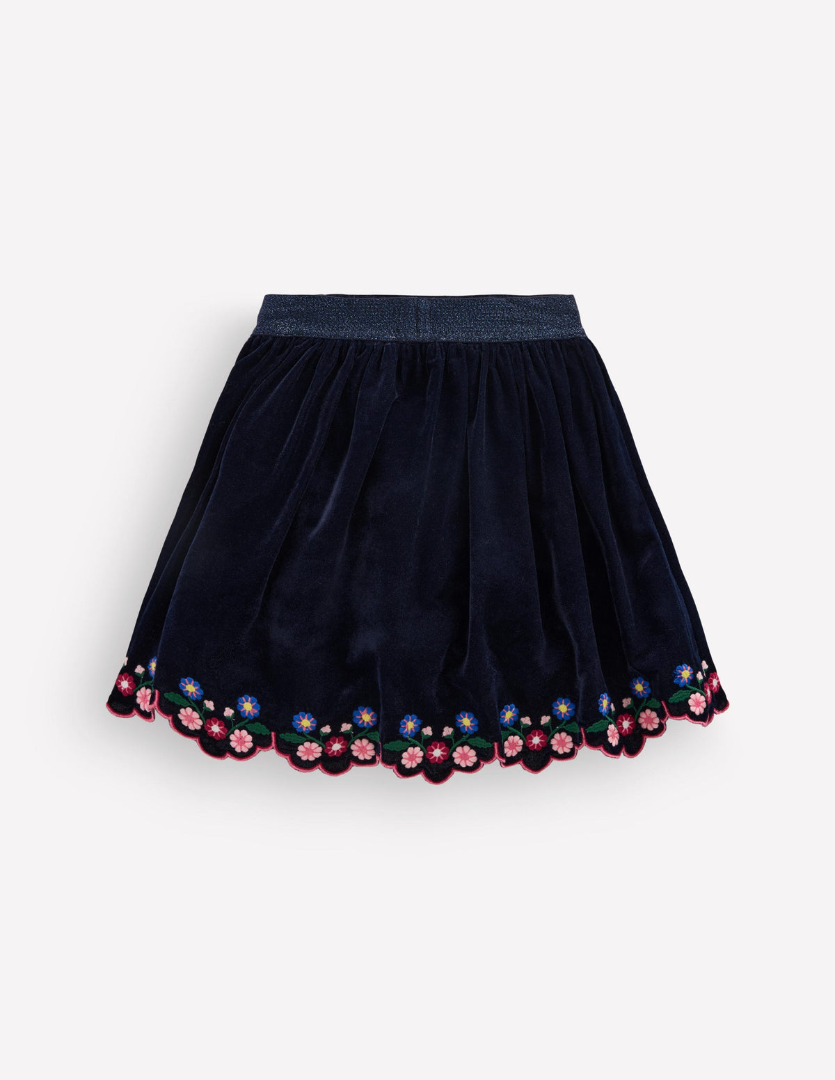 Scallop Hem Velvet Skirt-Navy Embroidery-2
