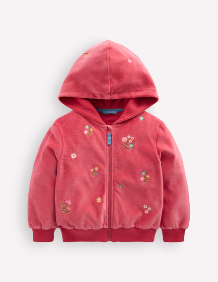 Velour Cosy Zip-through-Pink Floral Embroidery