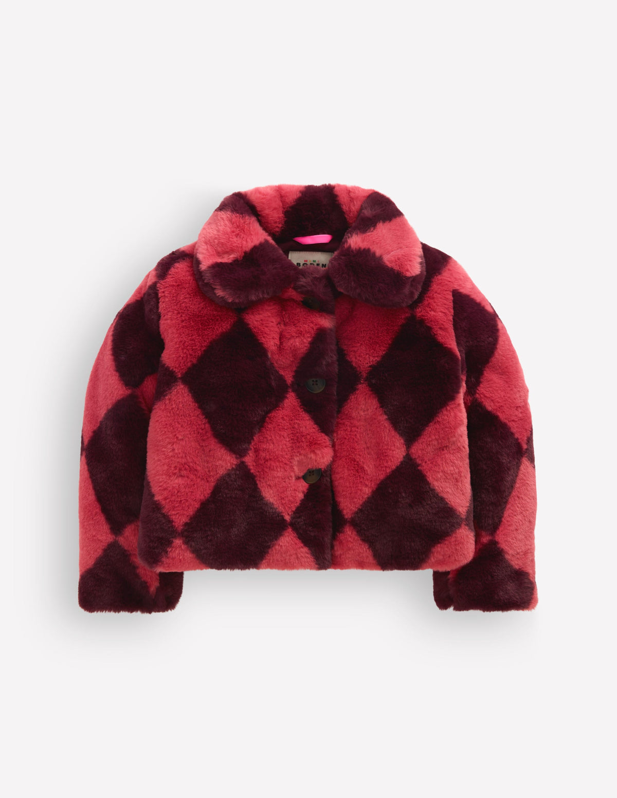 Cropped Faux Fur Jacket-Pink Argyle - Image 2