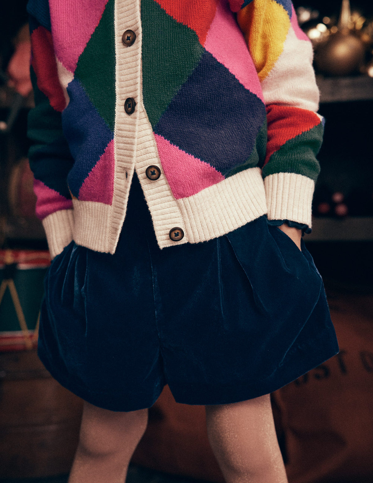 Velvet Pleated Shorts-College Navy - Image 1