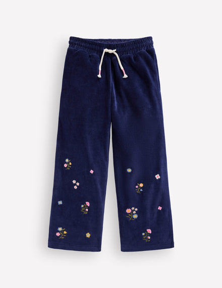 Velour Wide Leg Sweatpants-Navy Embroidery
