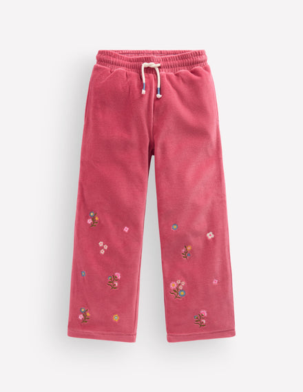 Velour Wide Leg Sweatpants-Pink Embroidery