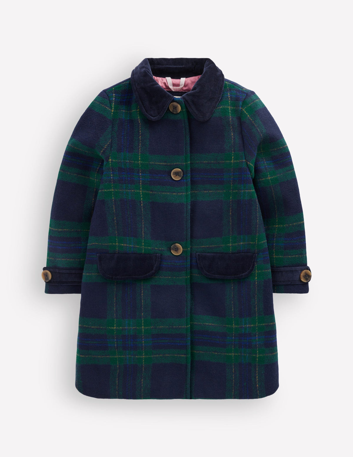 Velvet Trim Wool Coat-Navy Check-2