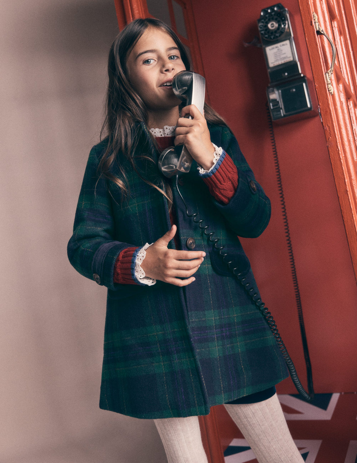 Velvet Trim Wool Coat-Navy Check-1