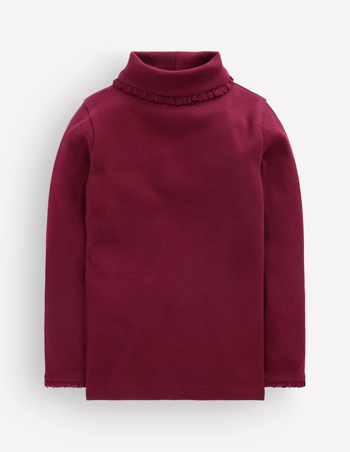 Lace Trim Roll Neck Top-Deep Wisteria