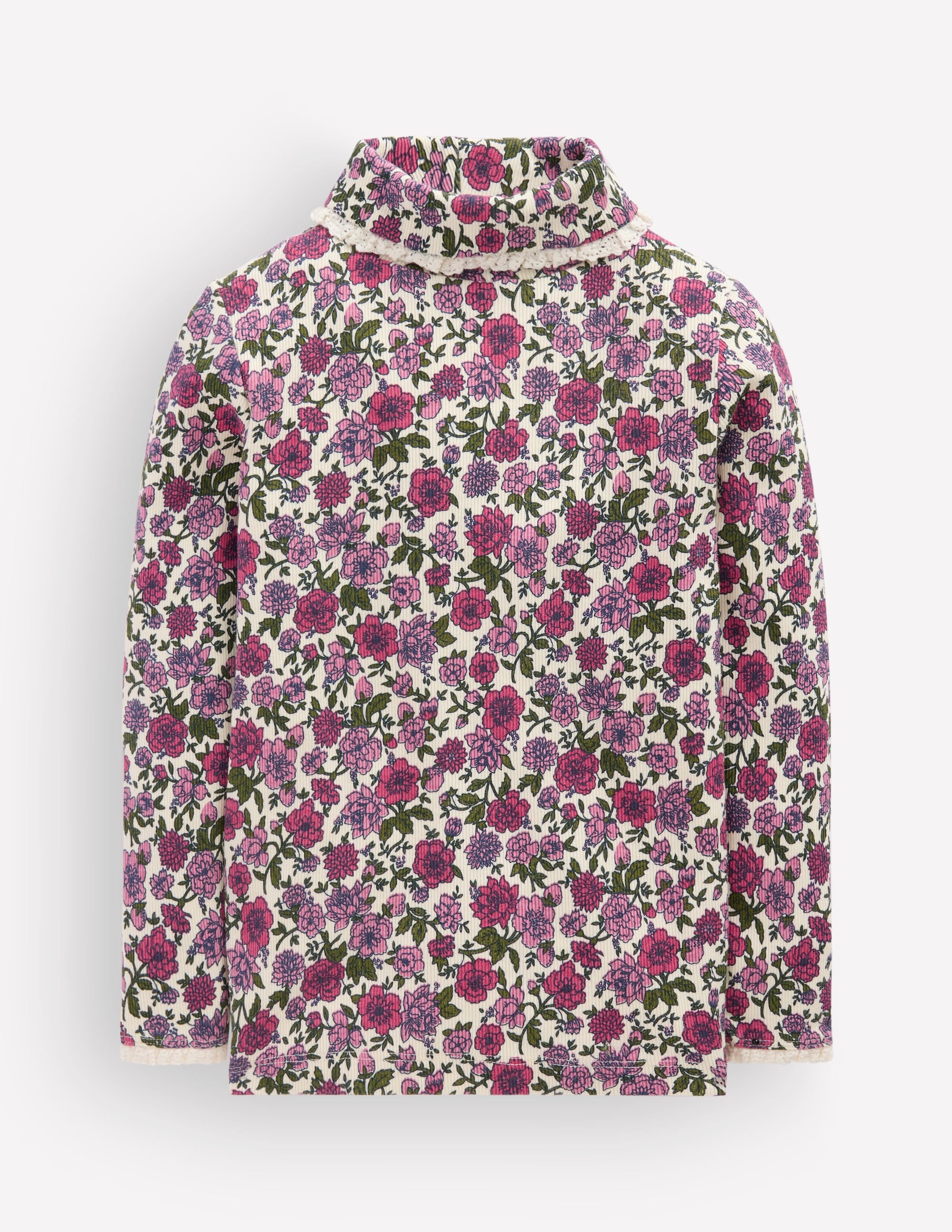 Lace Trim Roll Neck Top - Ivory/Pink Floral | Boden USA