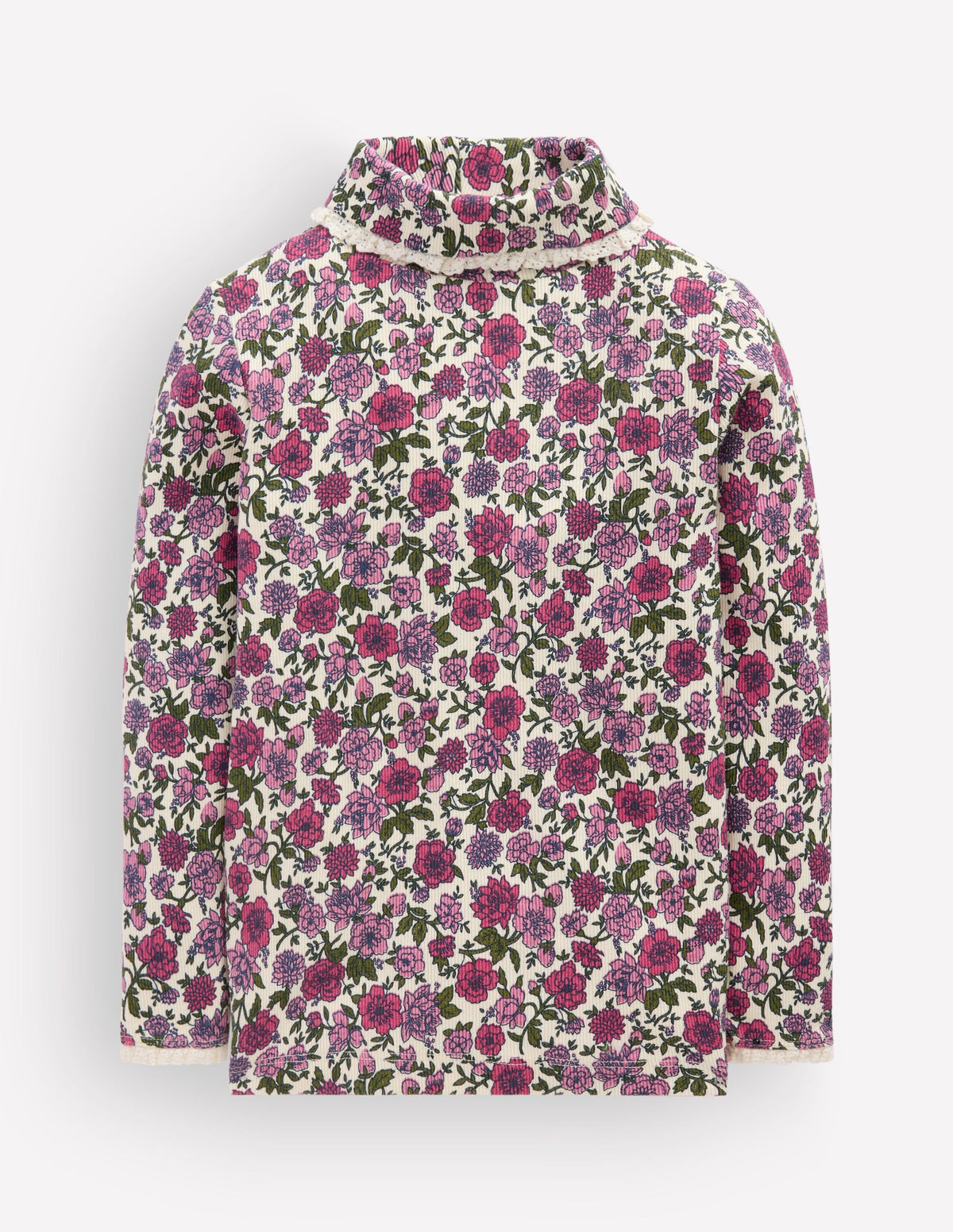 Lace Trim Roll Neck Top-Ivory/Pink Engraved Floral - Image 1