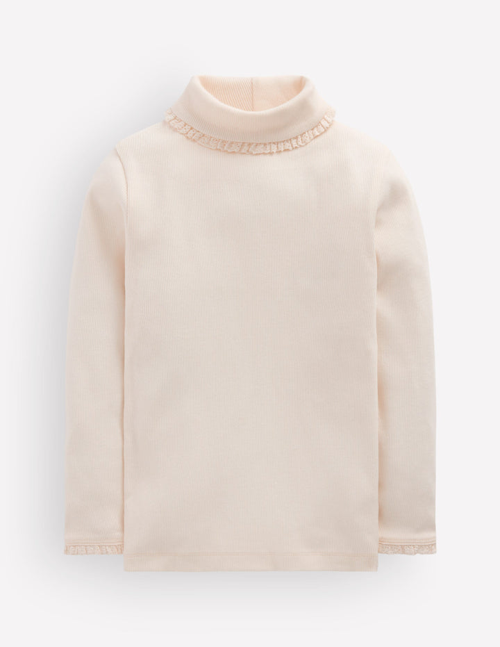 Lace Trim Roll Neck Top-Ivory